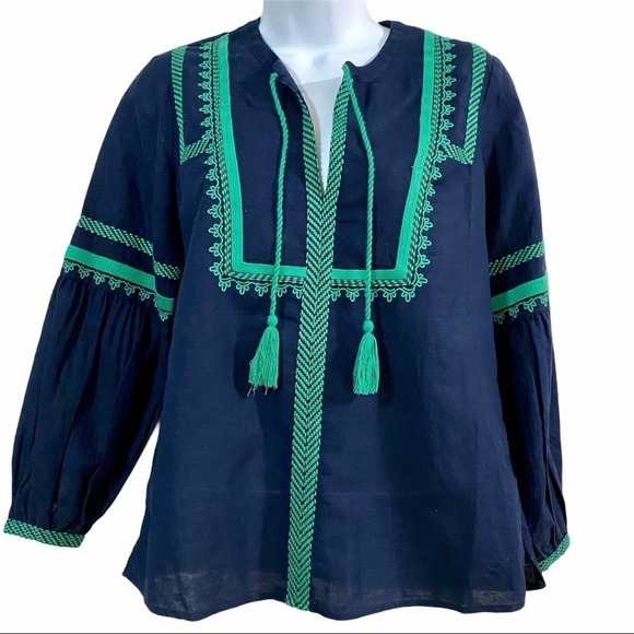 J. Crew Tops - J. CREW Linen Cotton Oversized Blouse 00 Boho Peasant Relaxed Fit Embroidered